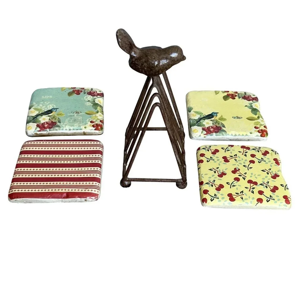 Terri Conrad Vintage Rock Art Set Rustic Metal Stand Butter Yellow Red Artsy
